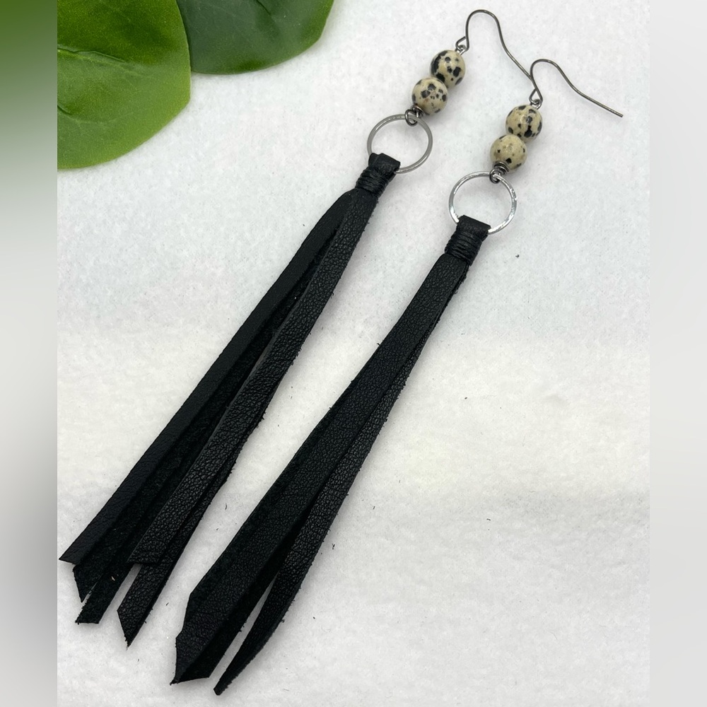 Bohemian Natural Dalmatian  Beaded earrings & leather Fringe long Earrings